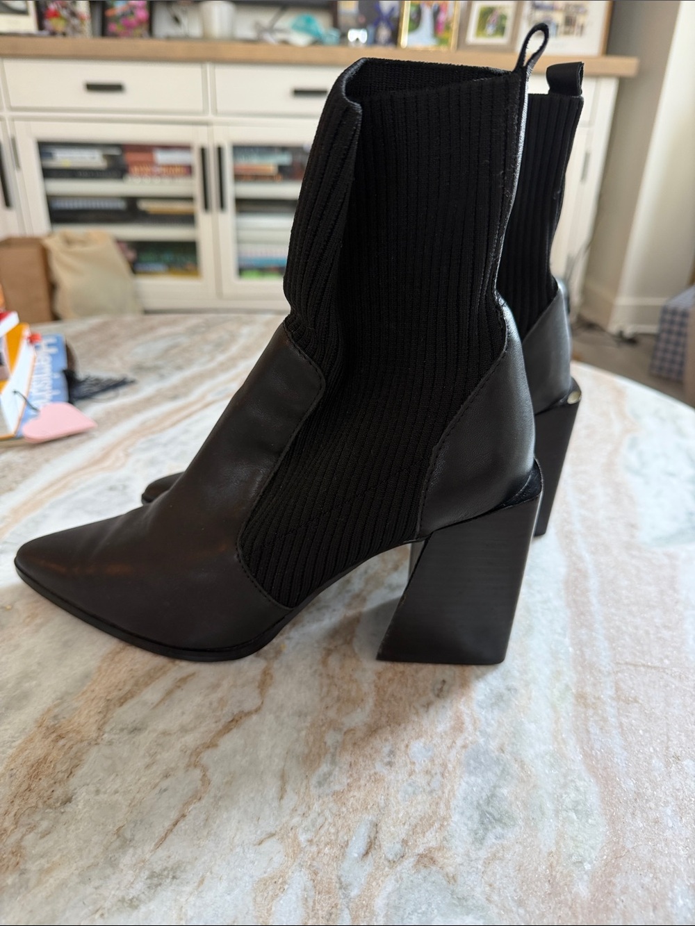 Steve Madden Black Pointed-Toe Knit Block-Heel Ankle Boots